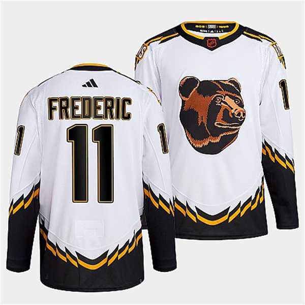 Men%27s Boston Bruins #11 Trent Frederic 2022 White Reverse Retro Stitched Jersey Dzhi